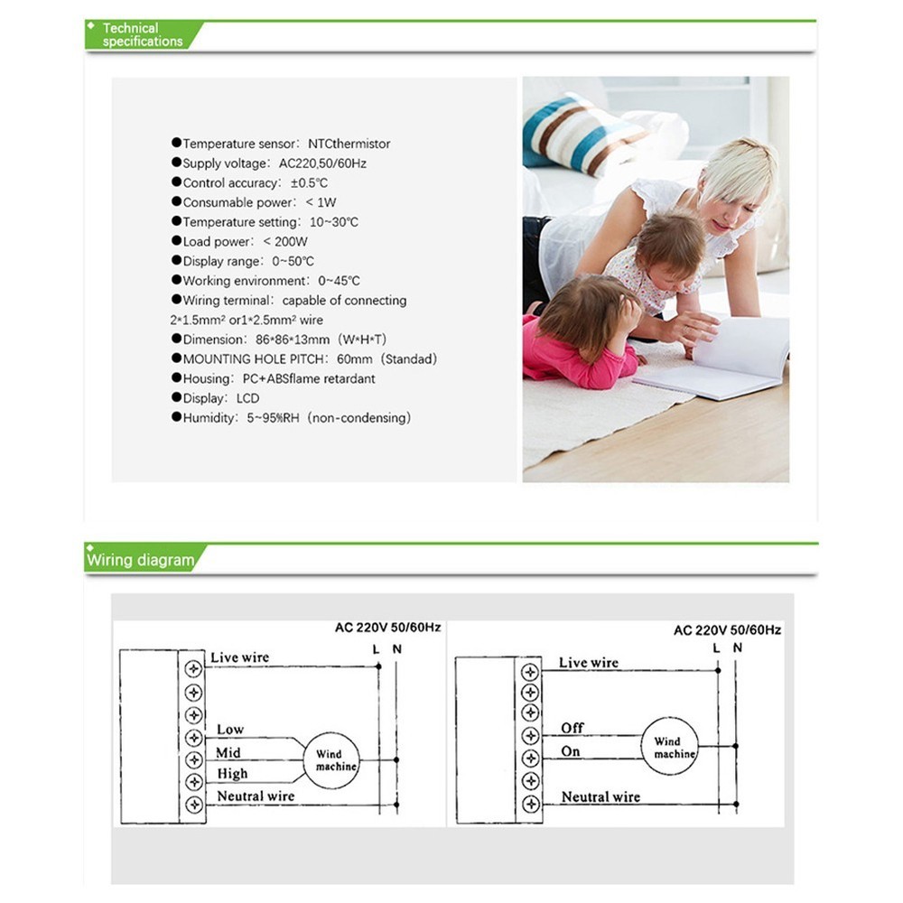 Fan Coil Thermostat for For central Fresh Air System with Adjustable Settings