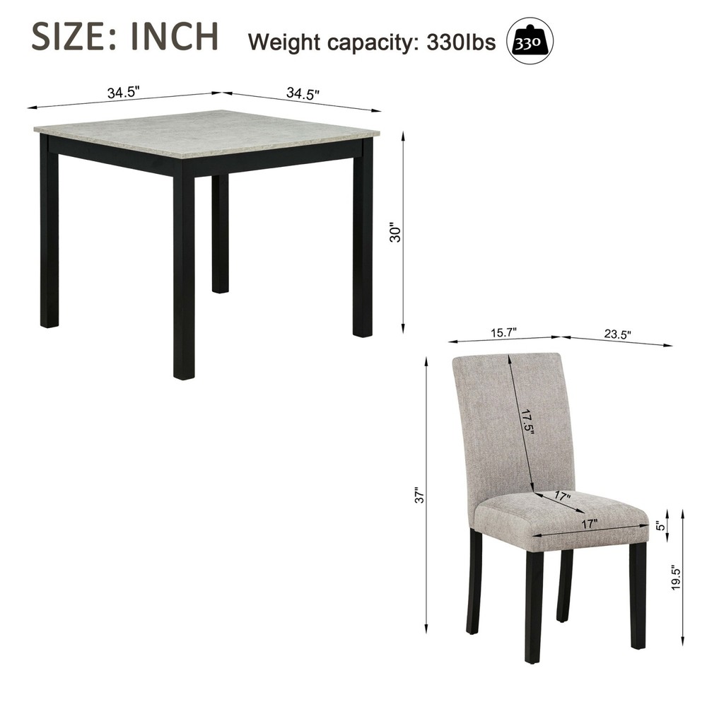 5-Piece Dining Table Set with Square Solid Wood Table and 4 Upholstered Chairs