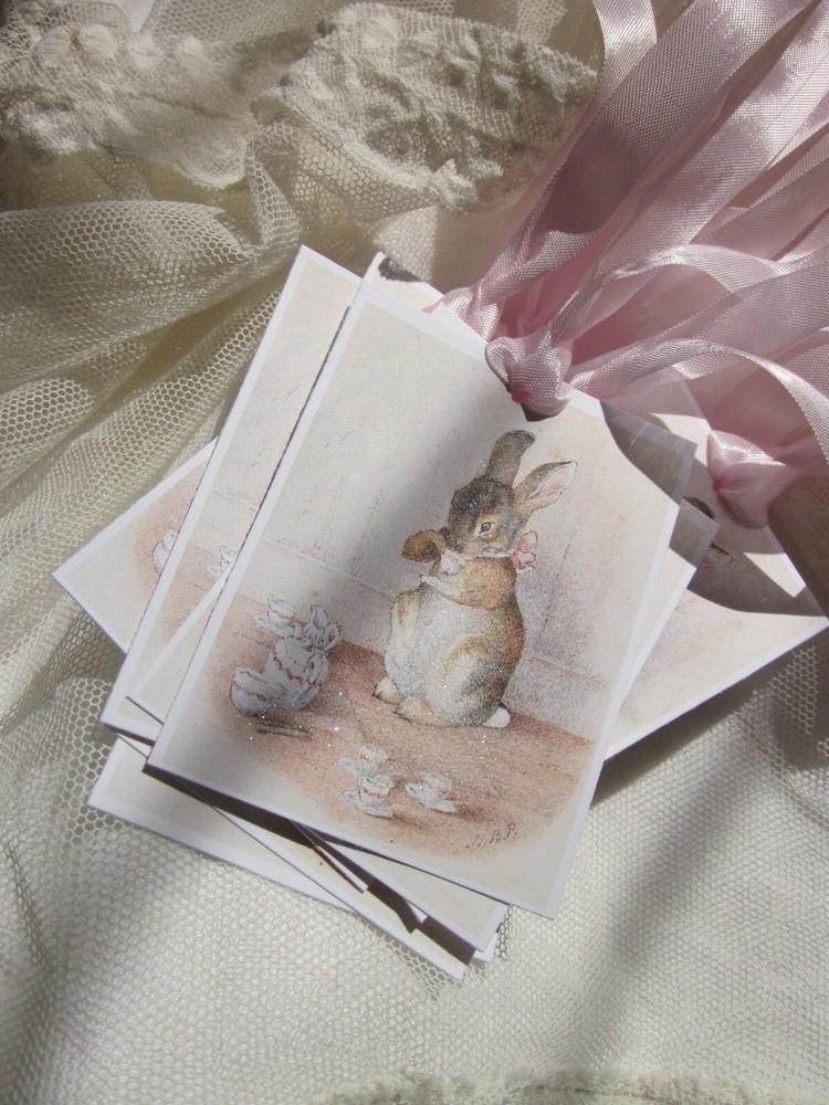 CHARMING Tea Drinking Bunny Gift Tags Glitter 8