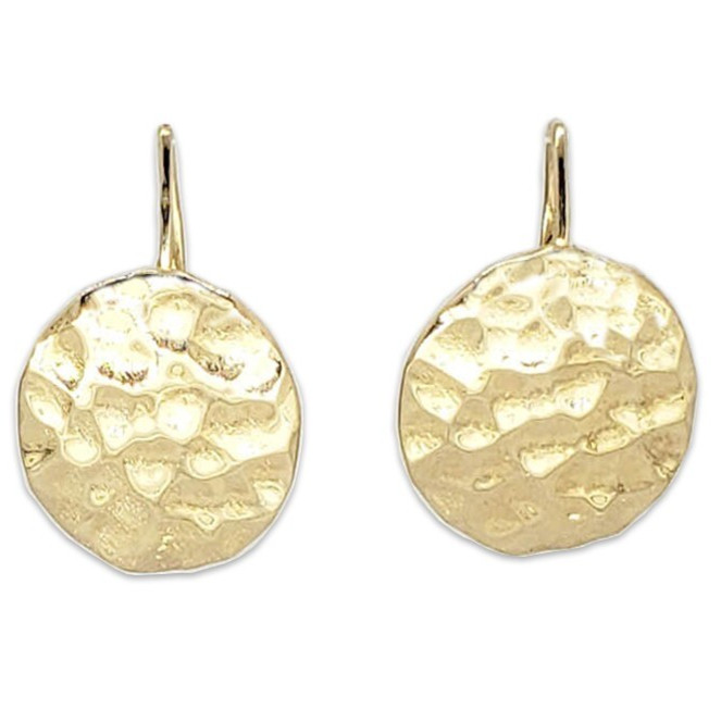 Solid 14K Yellow Gold Drop Dangle Hammered Circle Disc Earrings 14mm