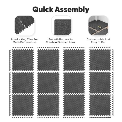 Interlocking Foam Exercise Mat, 12 Pack Puzzle Gym Flooring, 48 SQ FT, Black