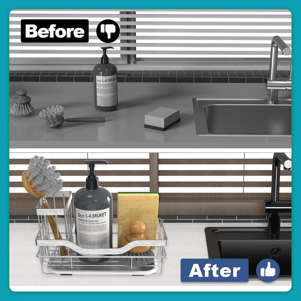 Rustproof Kitchen Sink Organizer and Sponge Caddy with Detachable Brush HolderSF