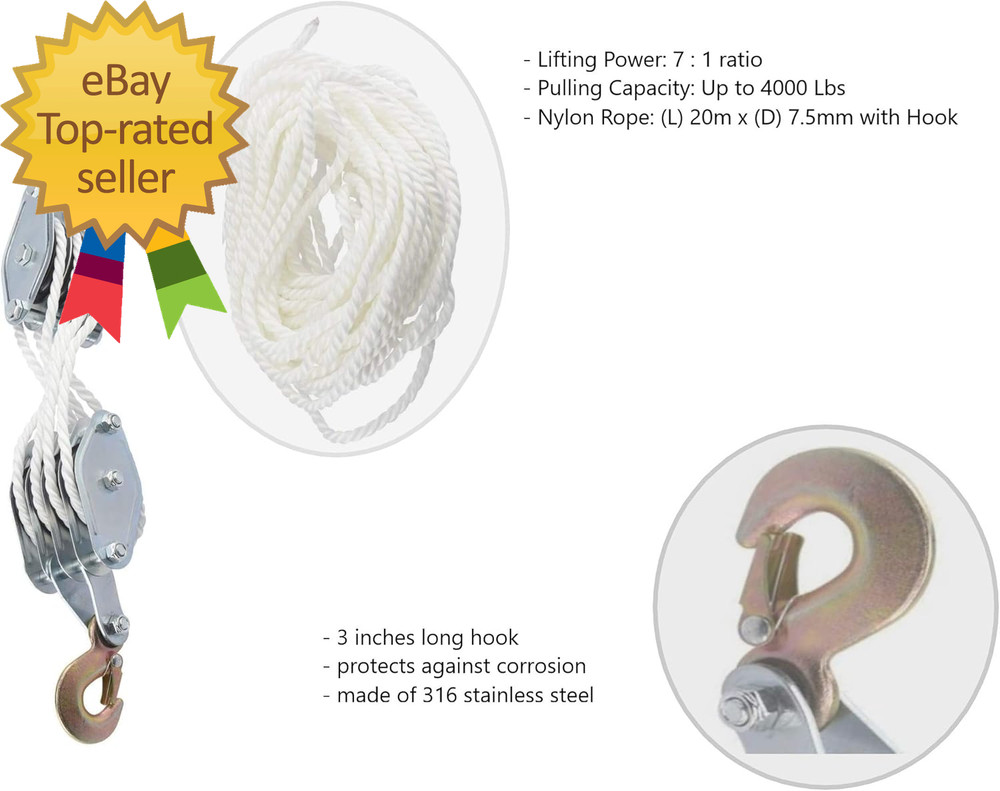 Block and Tackle Pulley System for Lifting Objects Sob 4000LB Breaking Strength