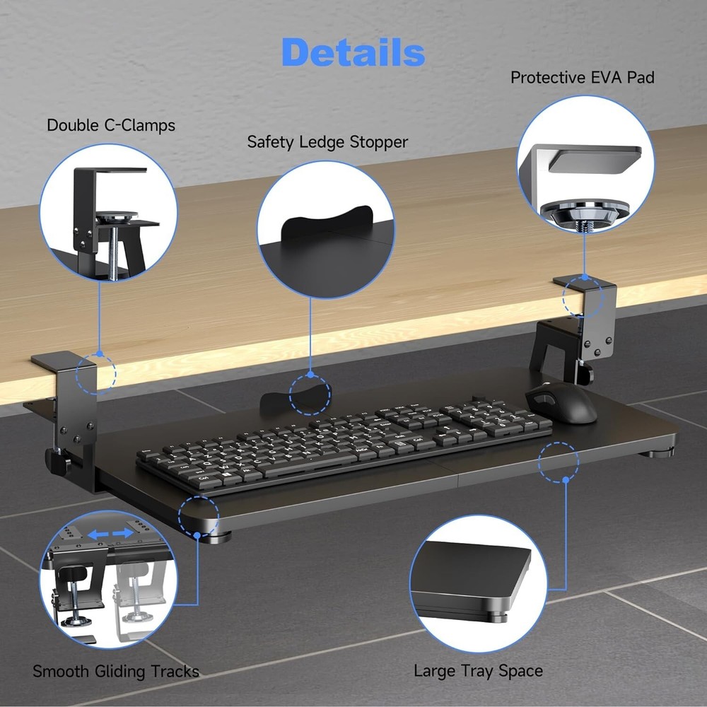 Slide Out Under Desk Keyboard Tray Pull Out Space Saver Black