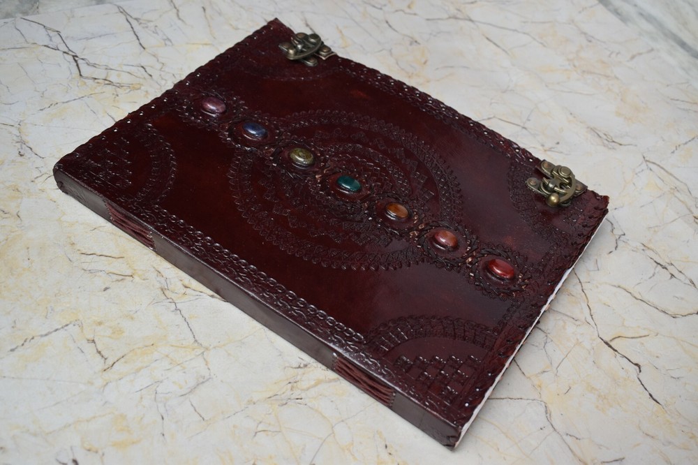 Seven Chakra Stone Embossed Leather Journal Book Diary Sketch Notebook