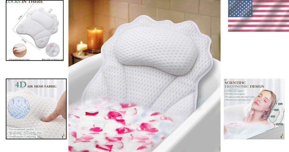 Soft Polyester Bath Pillow with 6 Strong Suction Cups - Enhances Spa Experience
