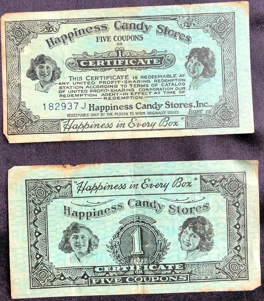 CIRCA 1920's HAPPINESS CANDY STORES INC. 2 CERTIFICATES