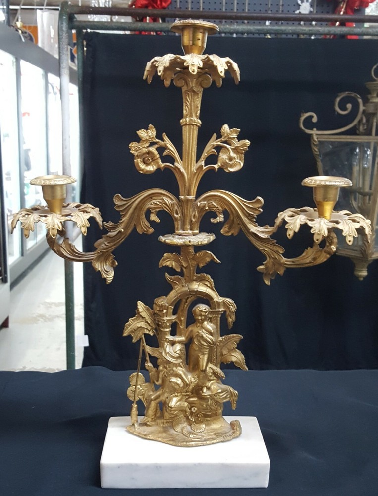 Antique Ornate Solid Brass Candelabra with a Renaissance Design on Marble Base