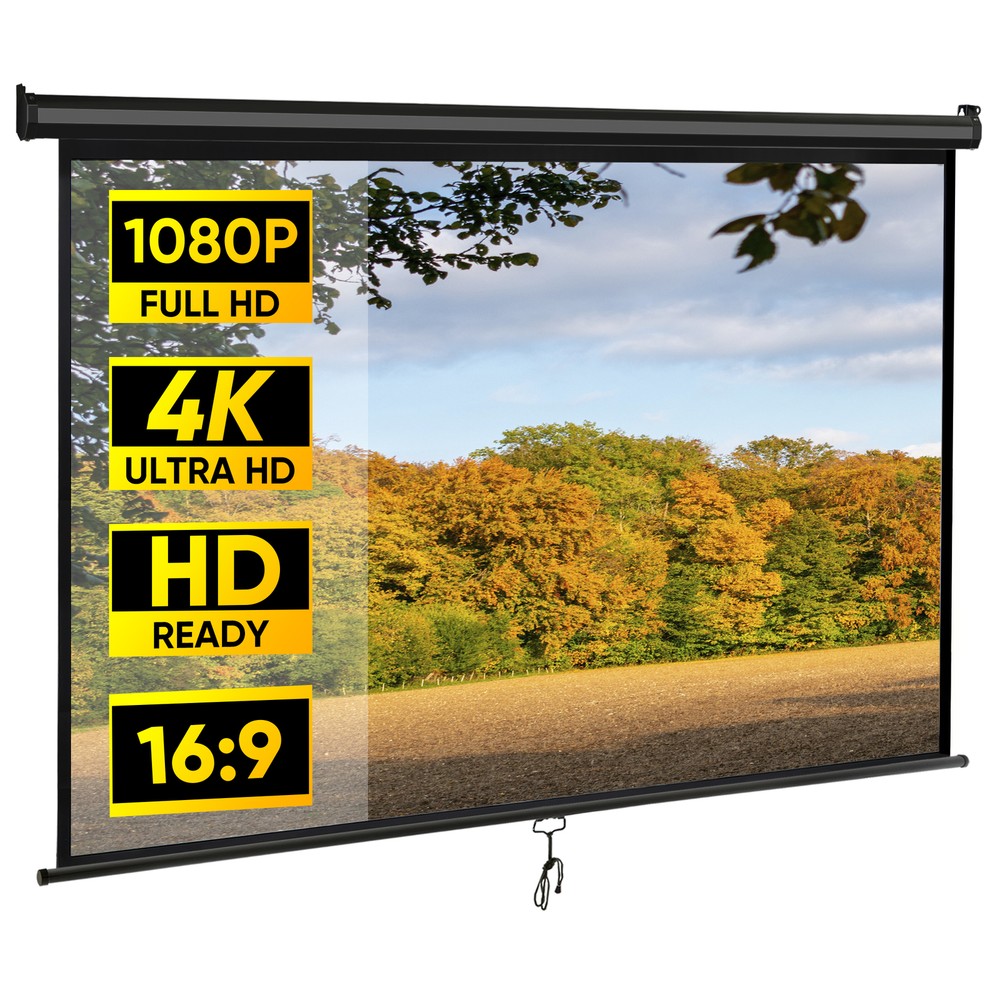 80" Diagonal Projection Projector Screen Manual Pull Down 16:9 HD 4K Movie Black