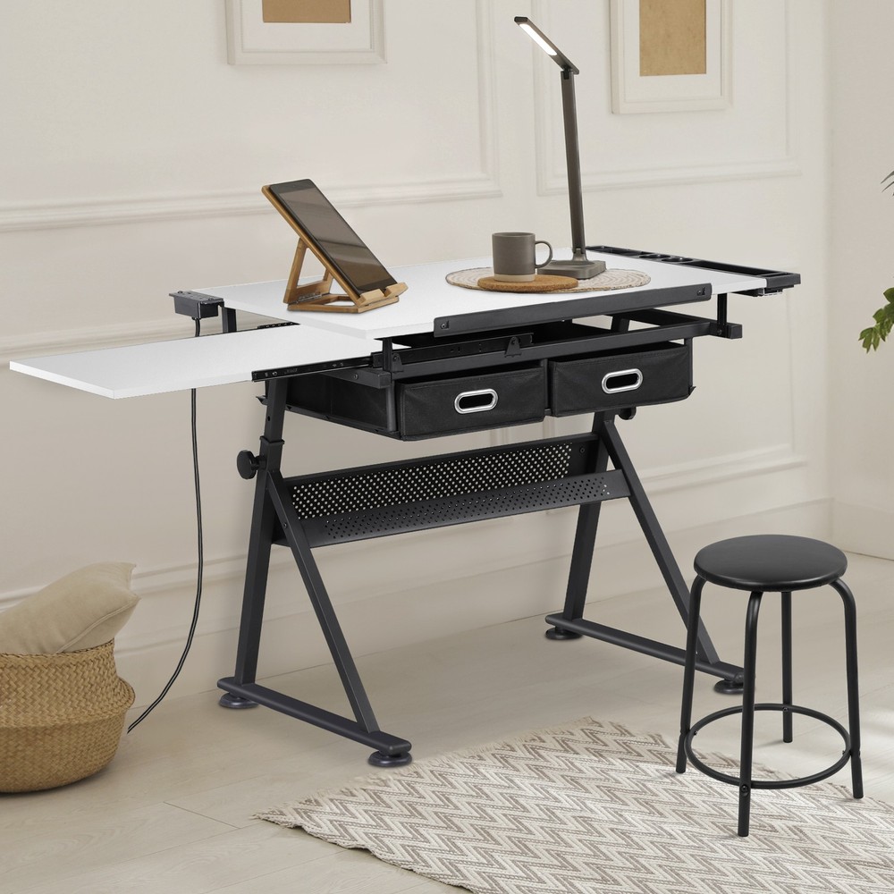 Adjustable Drafting Drawing Tiltable Table & Stool w/ 2 Drawers & Outlet White