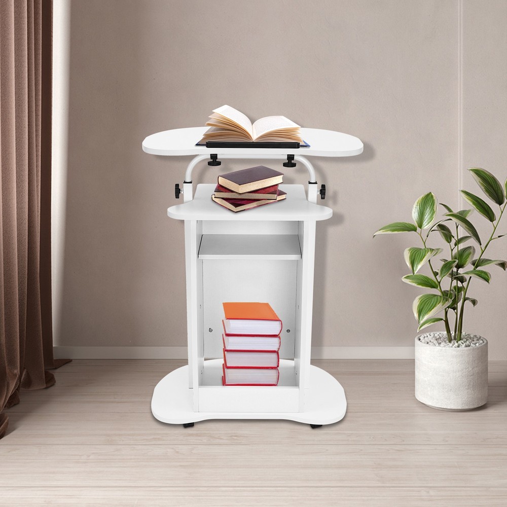 Rolling Lectern Podium Presentation Stand Church Pulpit w/ Storage Compartment
