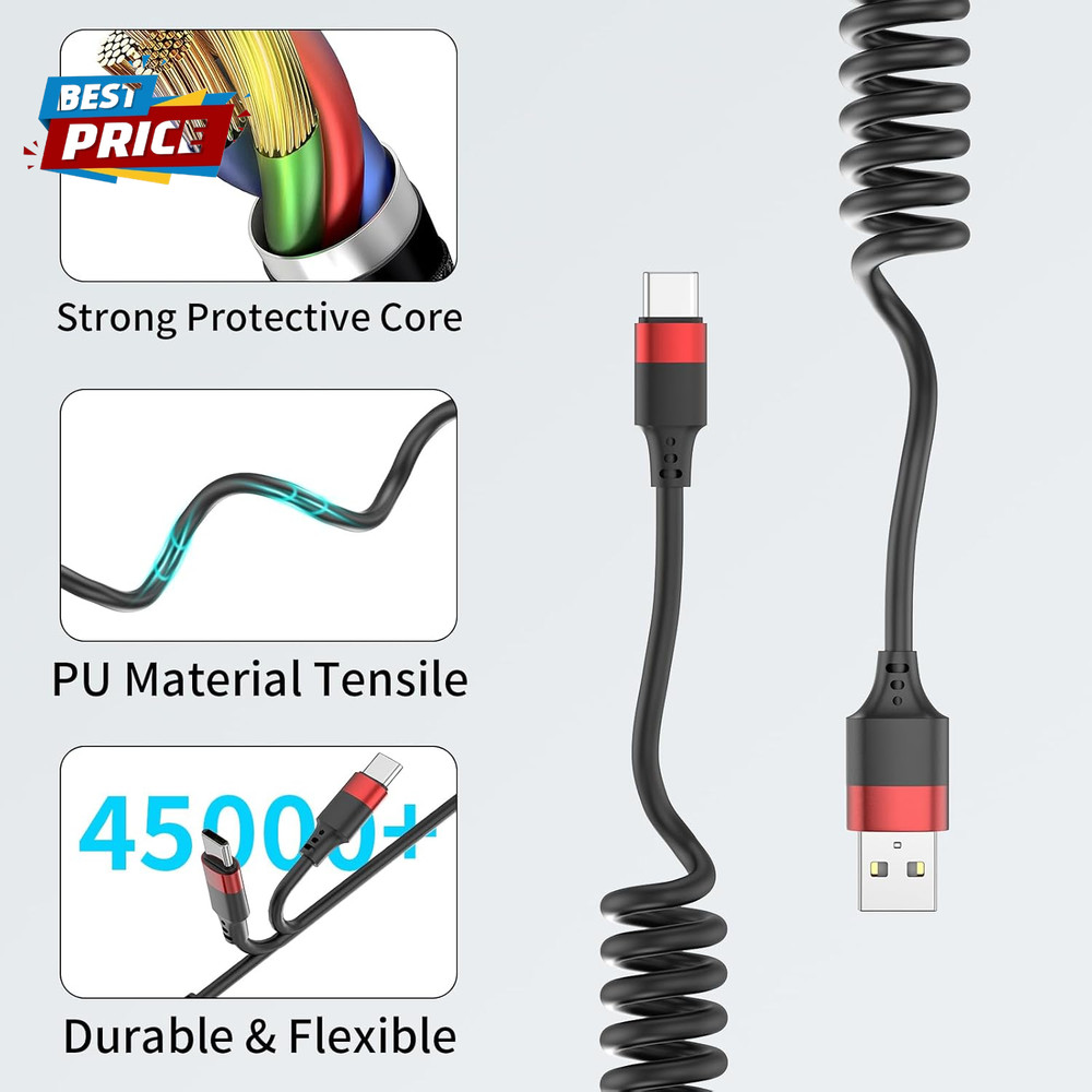 Coiled USB C Cable for Car, 2 Pack Type C Coiled Cable Fast Charging, USB to USB
