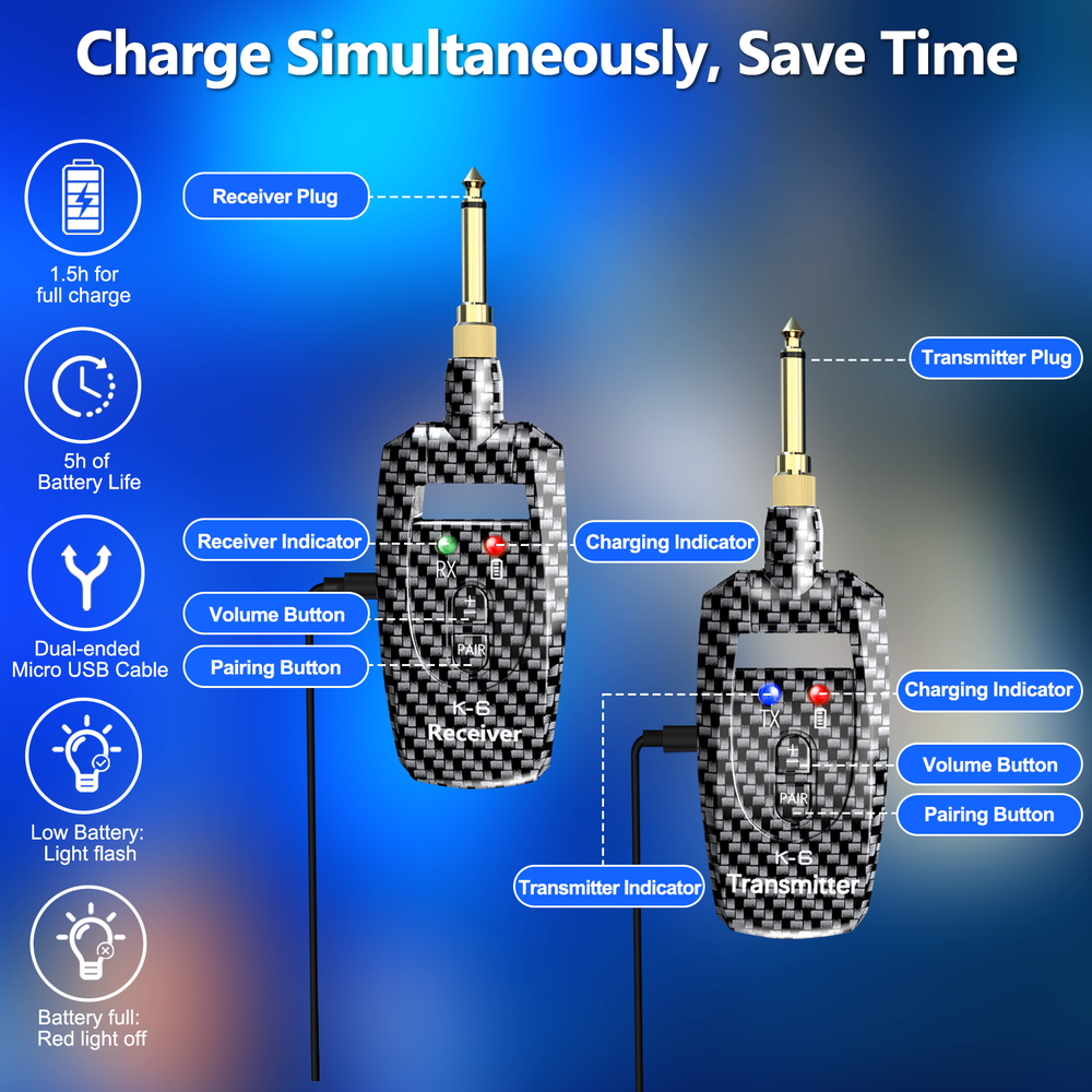 2.4GHz Wireless Guitar System Transmitter Receiver Multiple Channel Rechargeable