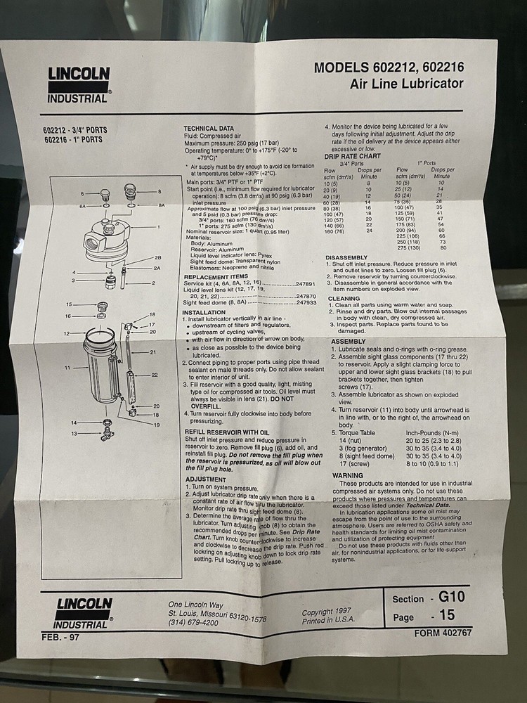 LINCOLN INDUSTRIAL HIGH CAPACITY LUBRICATOR/FILTER/REGULATOR 602012, ………..602017