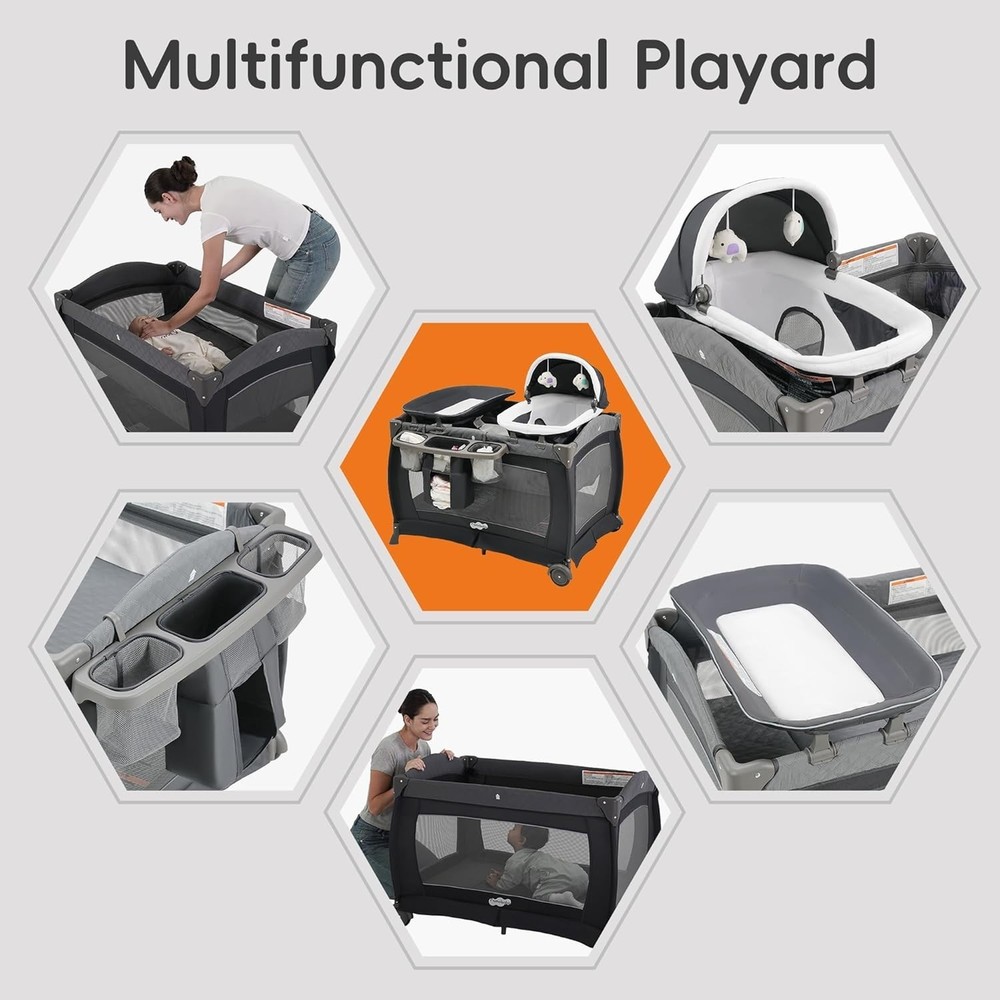 Foldable Playard with Changing Table & Diaper Organizer - For Newborns, Grey