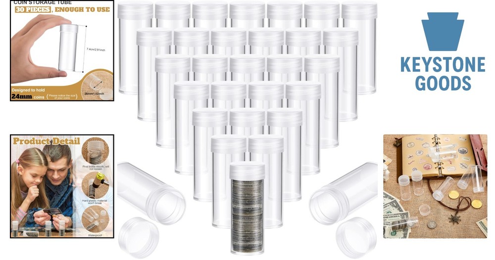 30 Pack Clear Plastic Coin Storage Tubes with Rotatable Lids