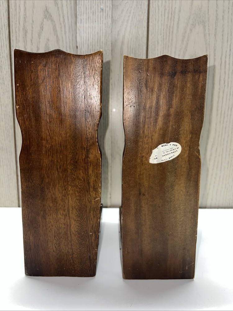Vintage Pair Monkey Pod Solid Wood Horse Bookends Rustic GUC