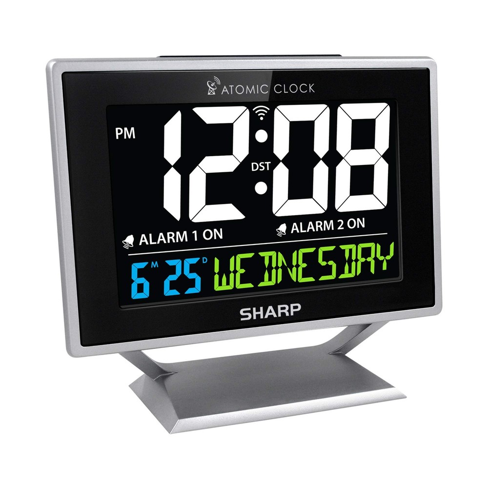 Sharp Desktop Dual Alarm Clock with Color Display - Atomic Small, Silver