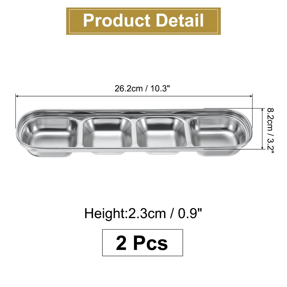 2pcs Metal Dish Dipping with 4 Rectangular Compartment Divided Silver