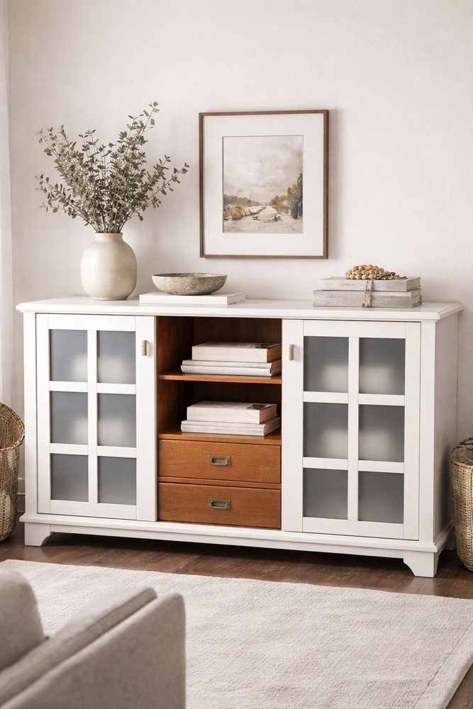 White Wood Sideboard Cabinet W/ Doors Storage Console