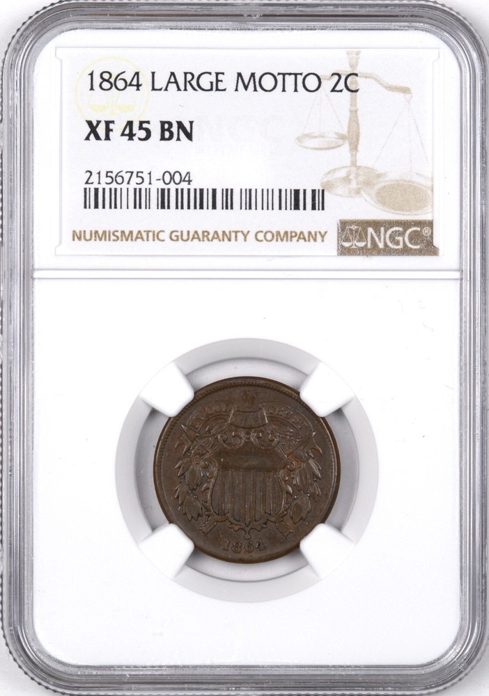 1864 Two Cent Copper Coin 2C - NGC XF45 BN -