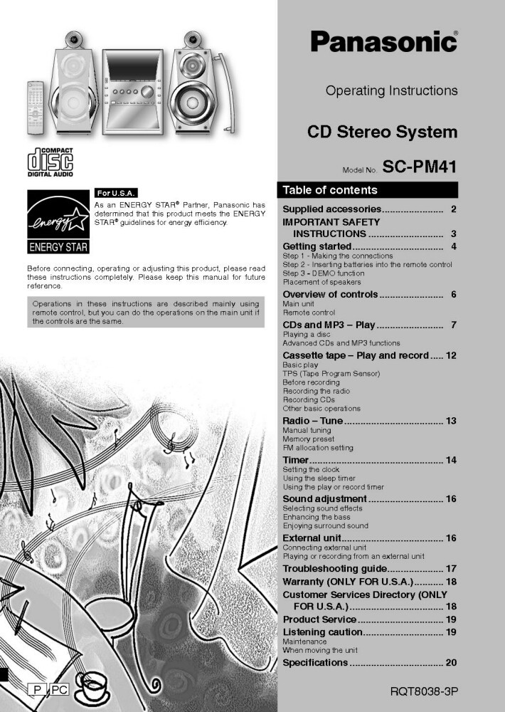 Panasonic SA-PM41 CD Stereo System Owners Instruction Manual
