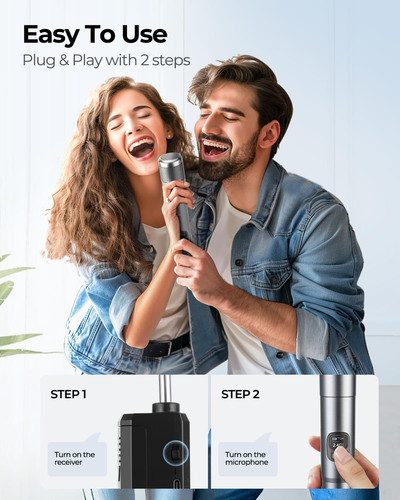 Wireless Microphone, Dual Handheld Dynamic Mic with Rechargeable Silver