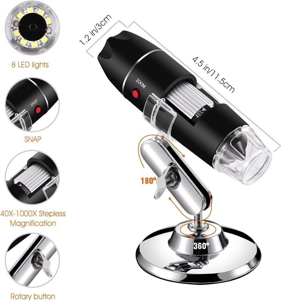USB Digital Microscope 40X to 1000X, 8 LED Magnification
