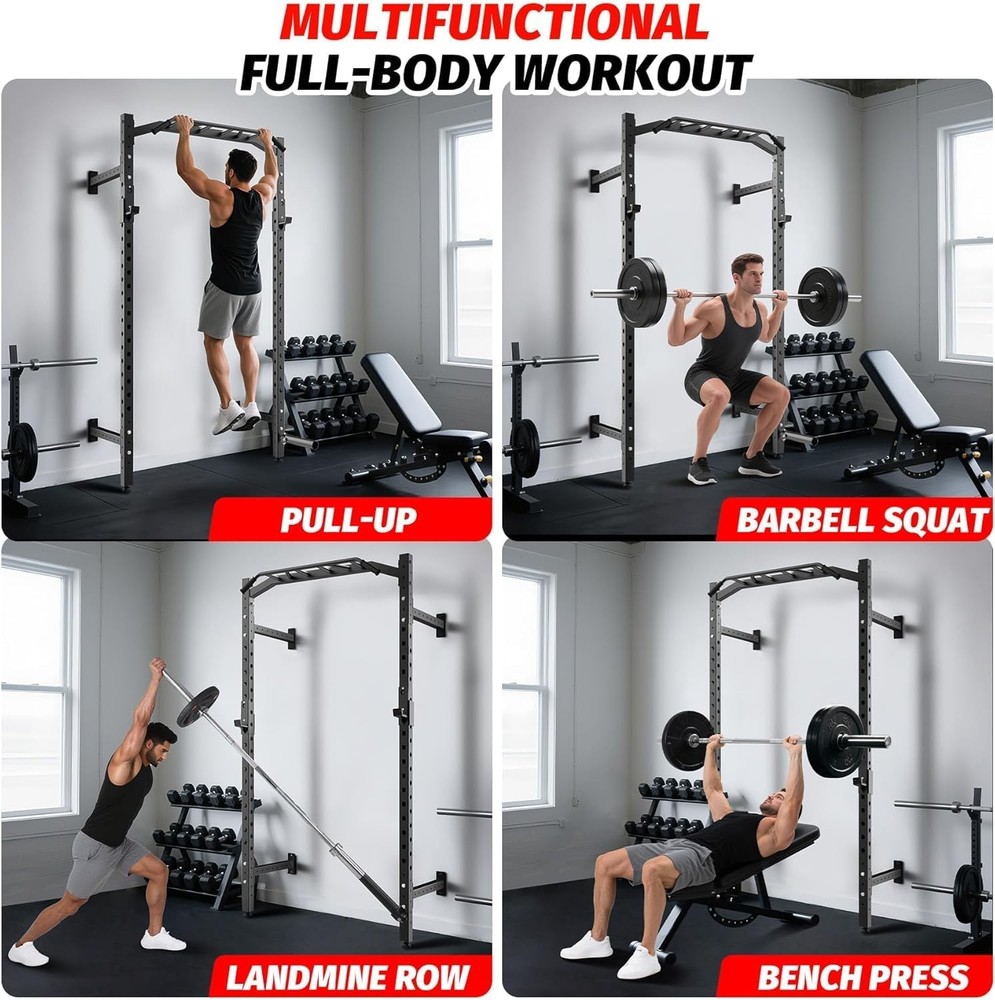 Wall Mounted Strength Rack for Home,Multi-Grip Pull Up Bar w Landmine Attachment