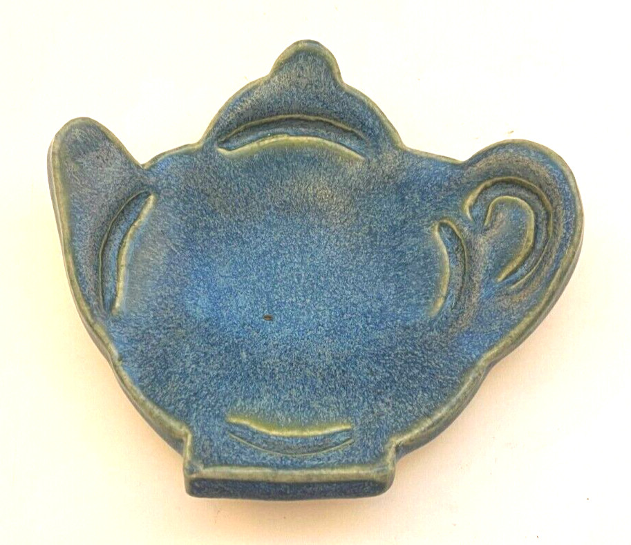 Studio Art Pottery Tea Bag Holder Blue Stoneware Tea Pot Shaped Signed