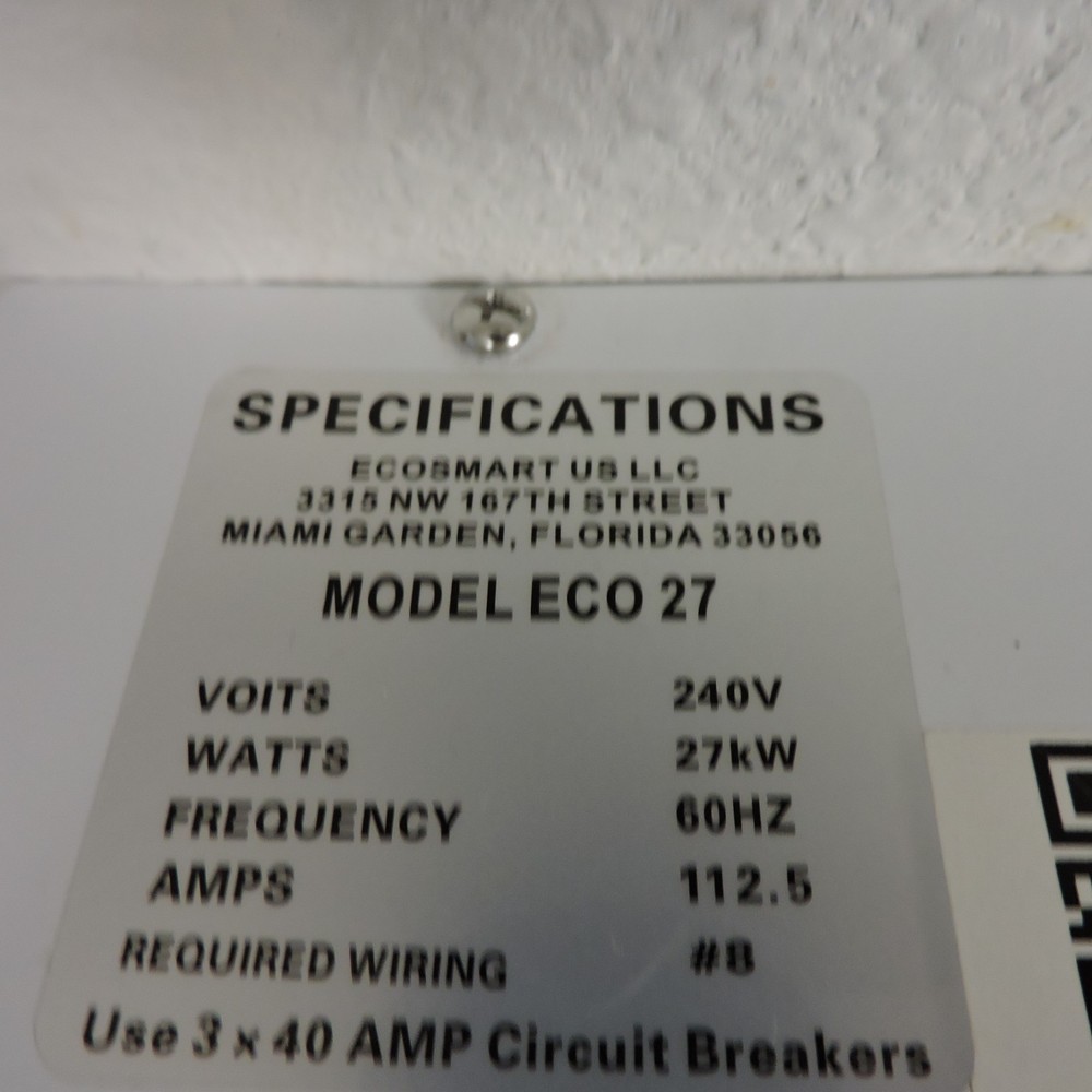 EcoSmart ECO 27 Electric Tankless Water Heater, 27 KW at 240 Volts, 112.5 Amps