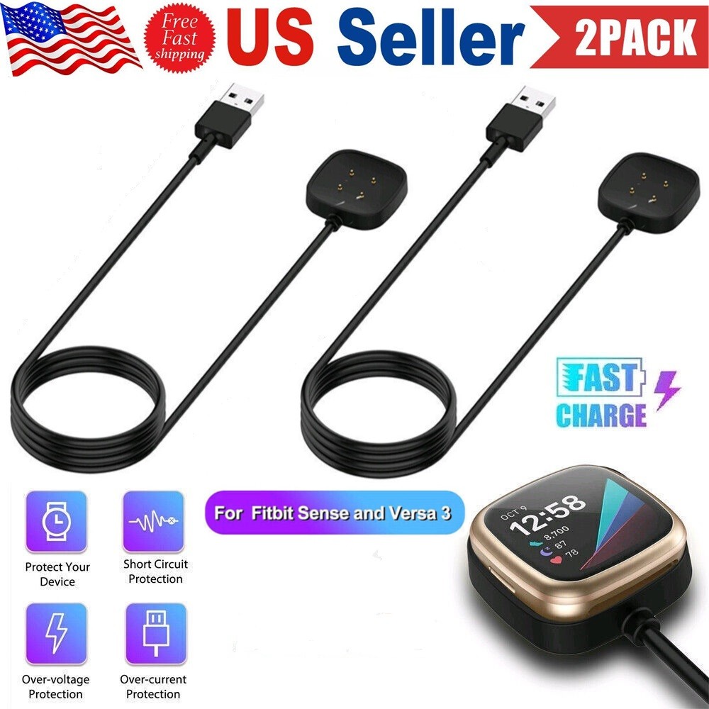 2PCS Wireless Charger & USB Cable for Fitbit Sense/Versa 3 - Fast Charging Dock
