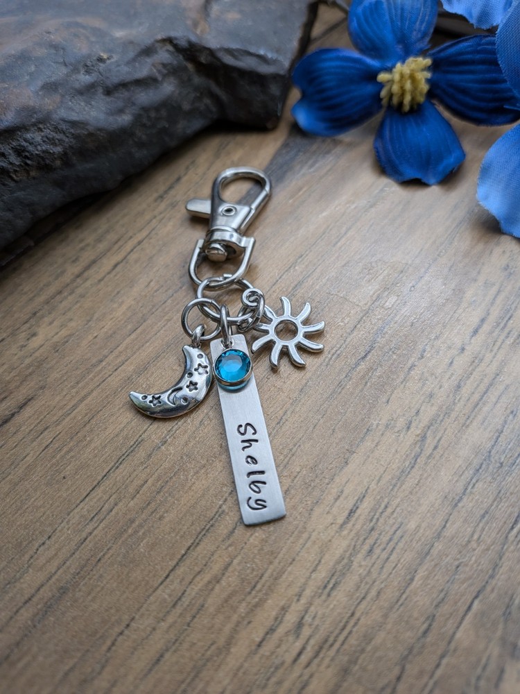 Sun And Moon Purse Charm, Personalized Initial Keychain, Celestial Gift