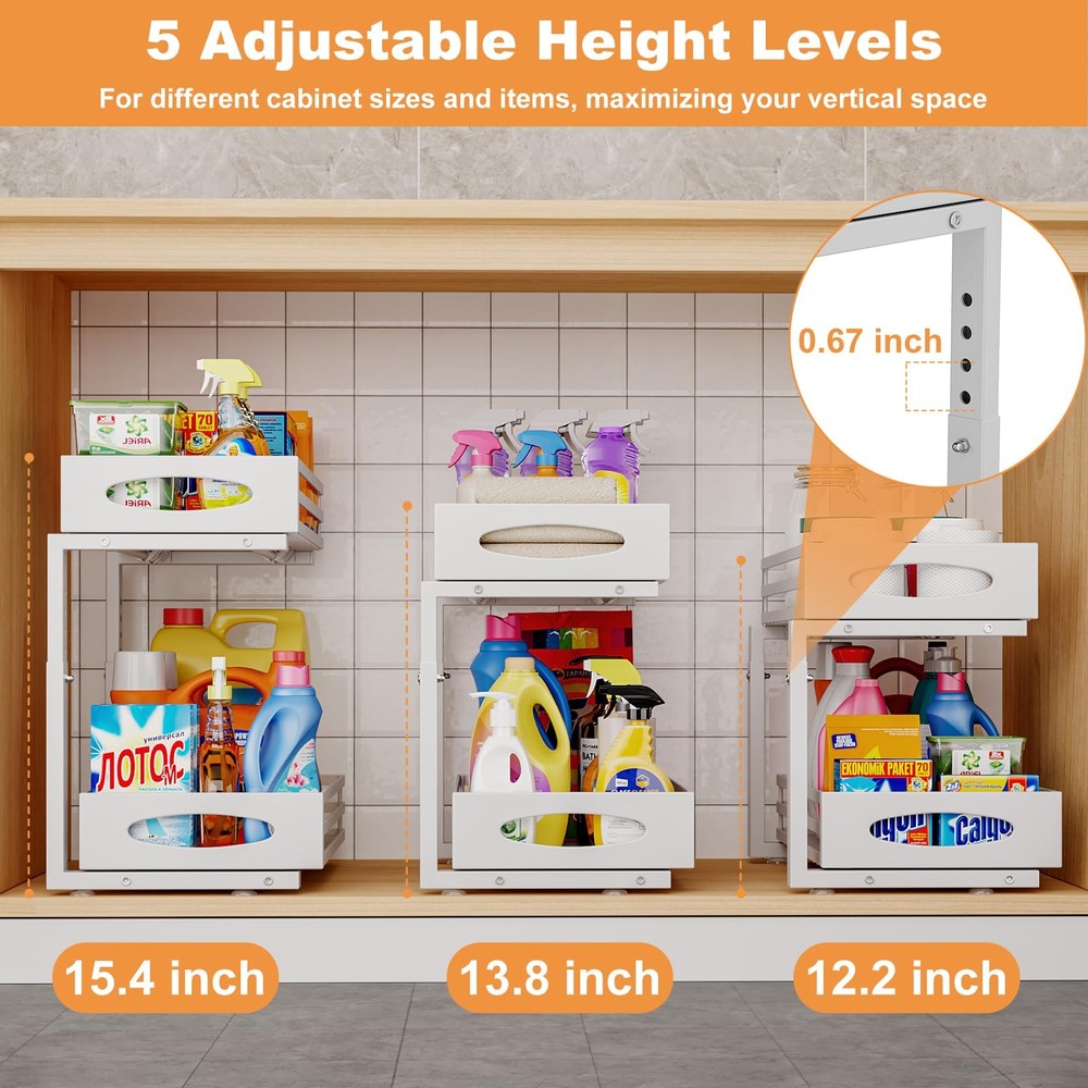 Under Sink Organizer, 2 Tier Organizers and Storage, 2Pack, White