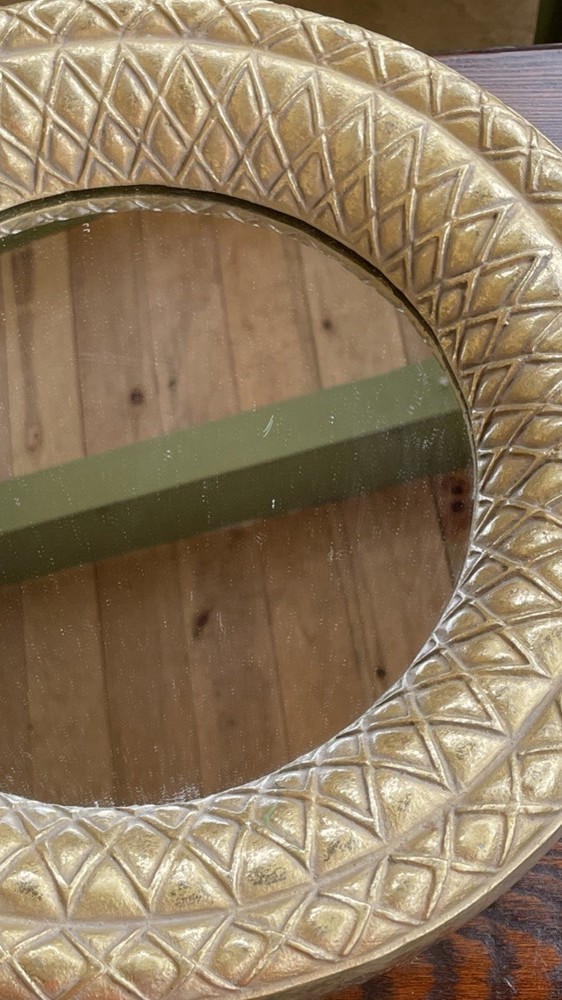 Medium 14.5” Circle Mirror Heavy Goldtone Painted Frame