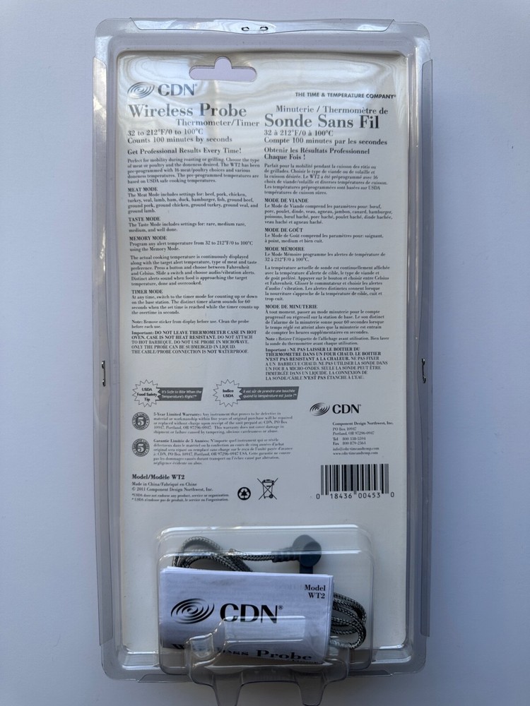 CDN Wireless Probe Cooking Thermometer Timer Model WT2