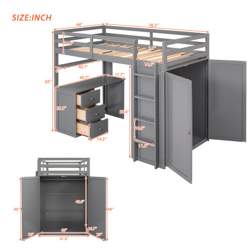 Twin Full Size Loft Bed with Desk Wardrobe Storage Cabinet Solid Wood Bed Frames
