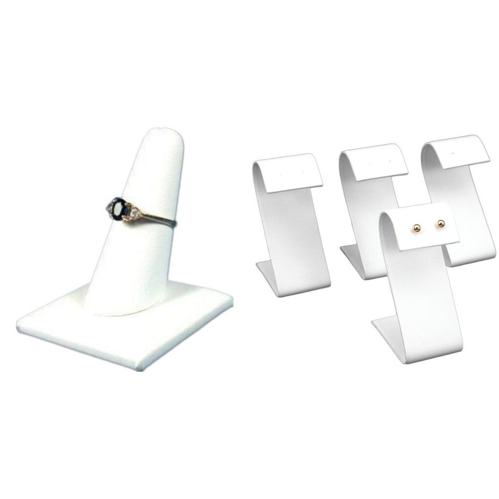 White Faux Leather Ring Finger  2"x2 1/4",4 White Leather Earring Display 3.25"