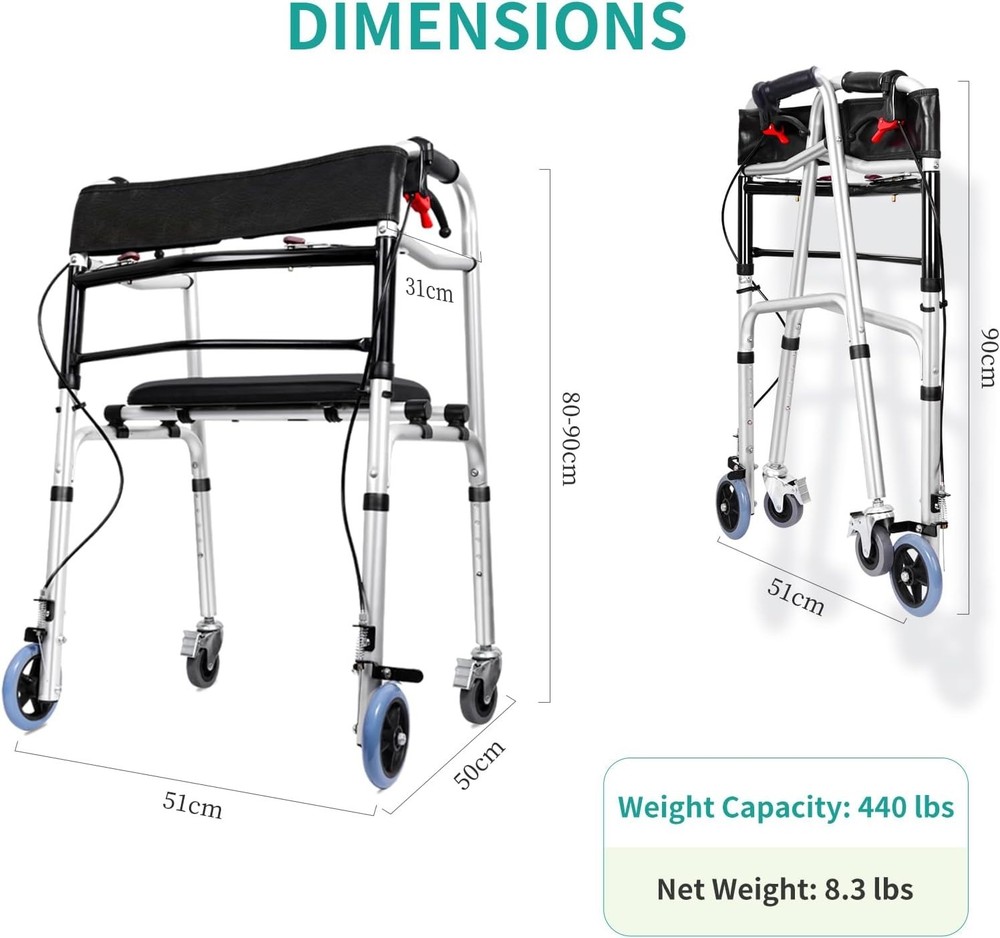 2-Button Folding Walker Height Adjustable Walking Aid with Seat 4 Wheels Brakes