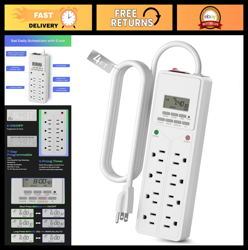 8 Outlet Surge Protector with 7-Day Digital Timer, 4 Timed & 4 Always On, White