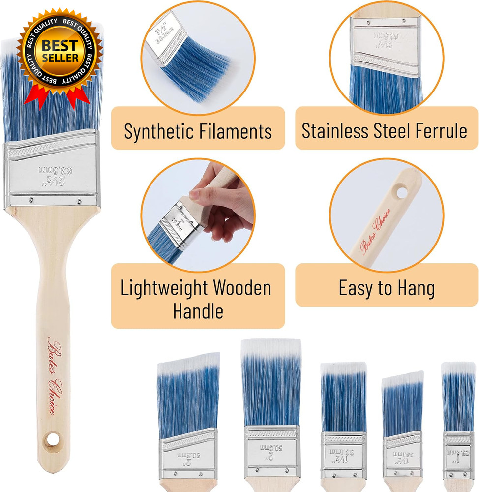 Bates Paint Brushes 6 Pack 1", 1.5", 2" Angle Brushes Treated Wood Handle