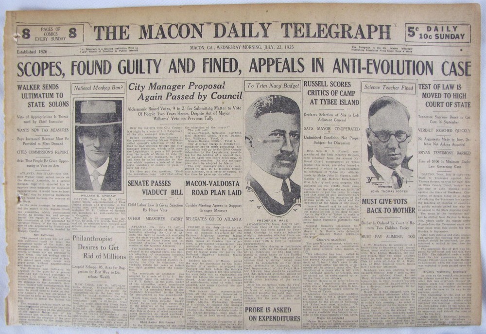 Vintage 1925 Clarence Darrow Evolution Scopes Monkey Trial Newspaper