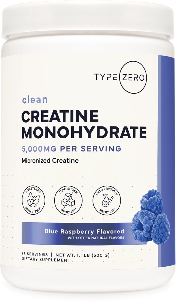 TypeZero Creatine Monohydrate Powder 500 Grams, Blue Raspberry Flavor
