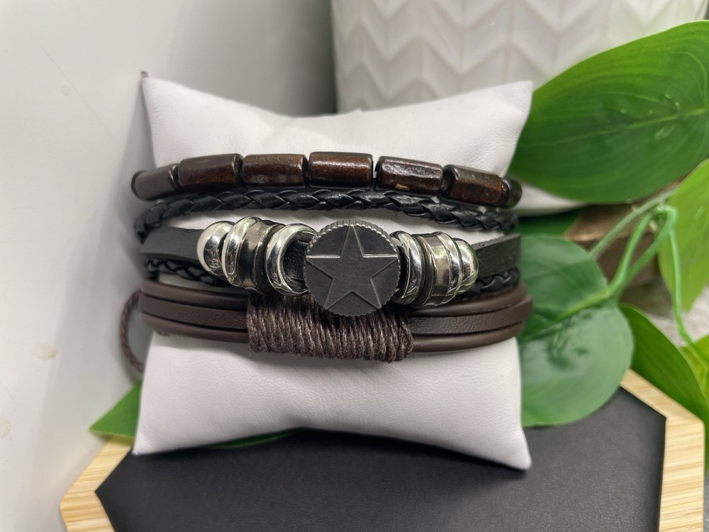3 PC Leather Bracelet Stackable Adjustable Tie Free Ship Star Charm B5207