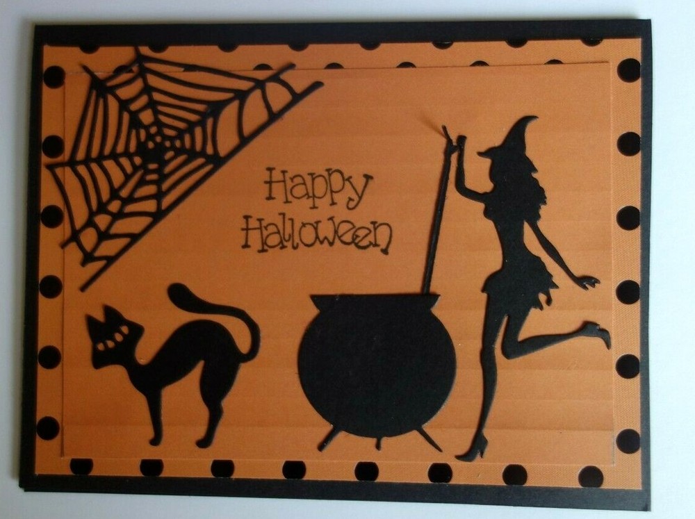 Handmade Halloween Card Spiderweb Witch Cauldron Spider Black Cat