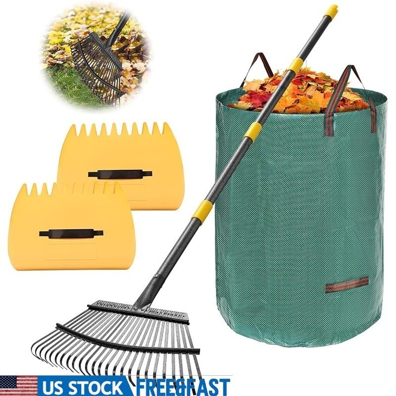 Garden Cleanup Set Heavy Duty Rake Adjustable Handle Leaf Scoops & Bag New