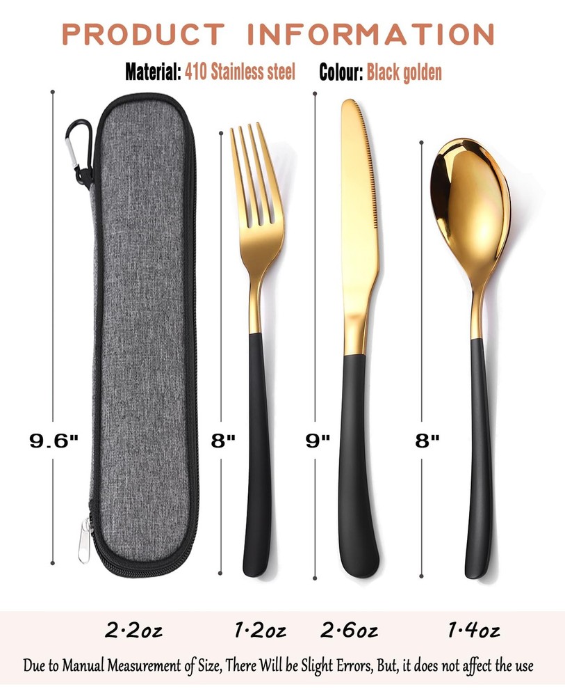 3 PCS Black Gold Reusable Flatware Set with Case Knife Fork Spoon for Work