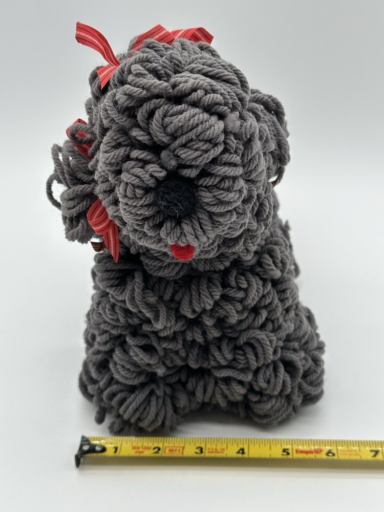 Handmade Gray Yarn Dog With Red Ribbons