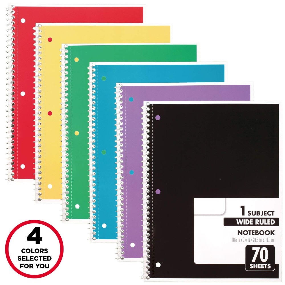 Spiral Notebook 4 Pack, Wide Ruled 70 Sheets, Multicolor