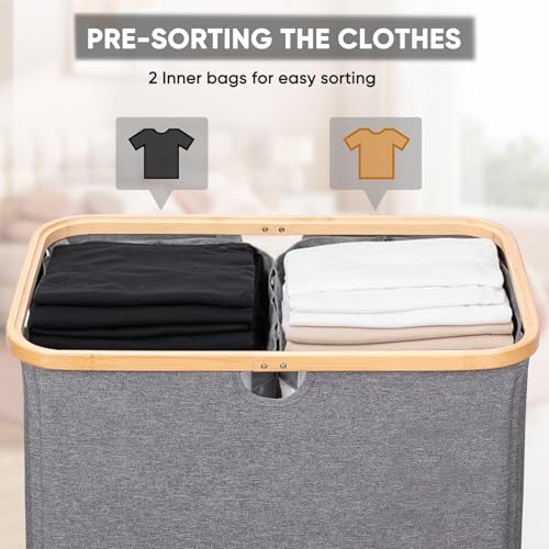 Laundry Hamper with Lid, Tall Laundry Baskets with Bamboo Pull 140 liters Grey